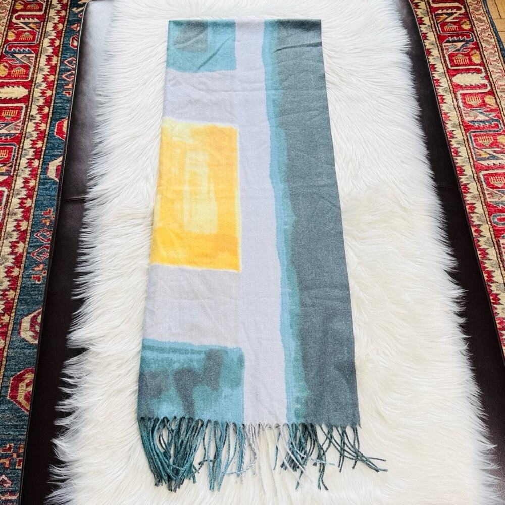 Abstract Patterned Blue and Yellow Wool Blend Pashmina Scarf - Picture 2 of 5